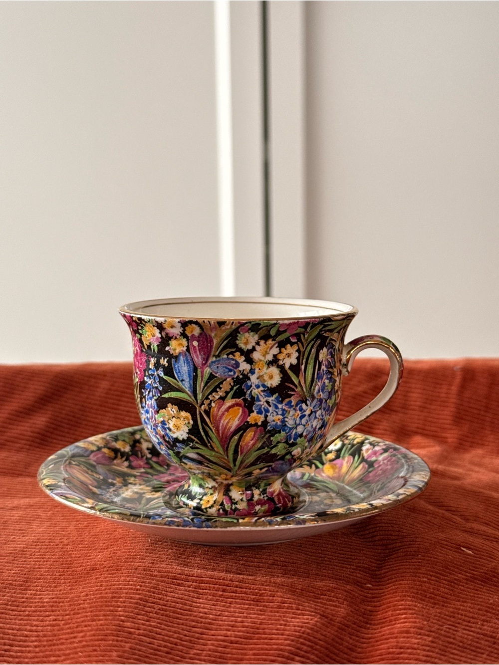 Vintage Royal Winton English Chintz Tea Cup & Saucer Set - Floral Black Ground